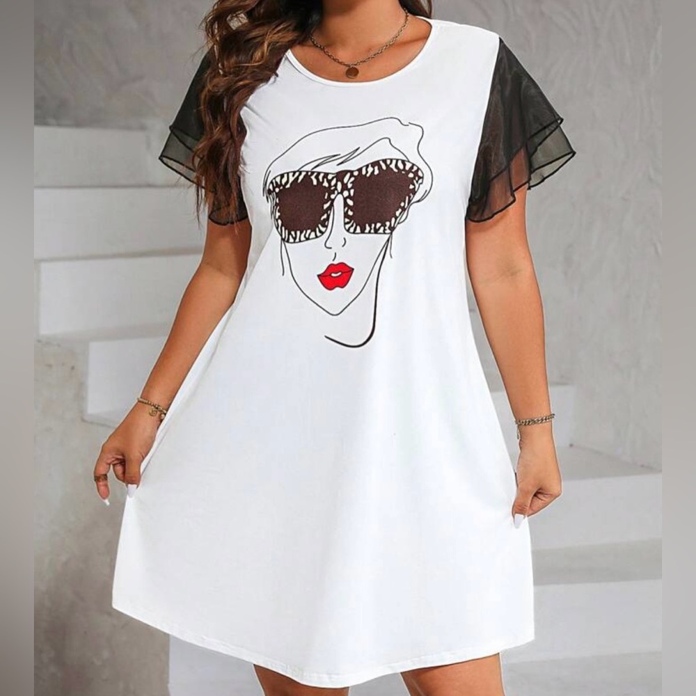 NEW 4 XL SHEIN Essnce Plus Figure Graphic Contrast Mesh Butterfly Sleeve Dress